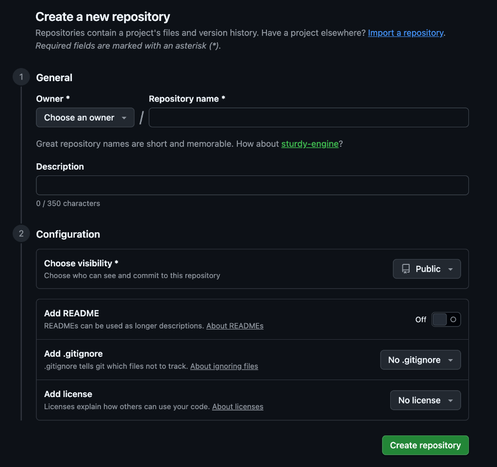 Tela de criação de um novo repositório no GitHub