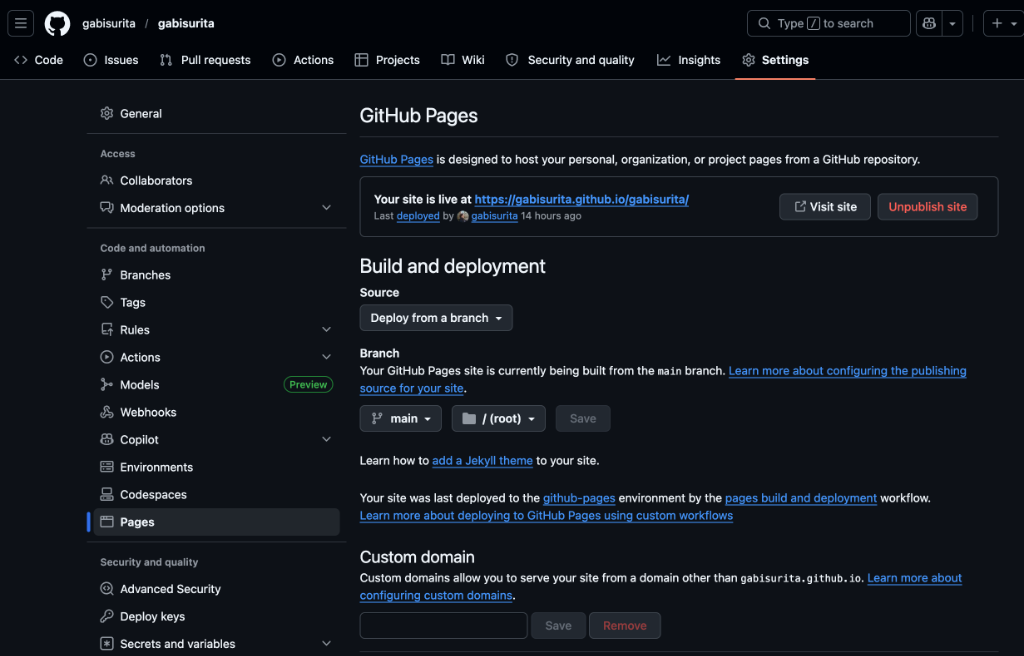 Tela de configuração do GitHub Pages