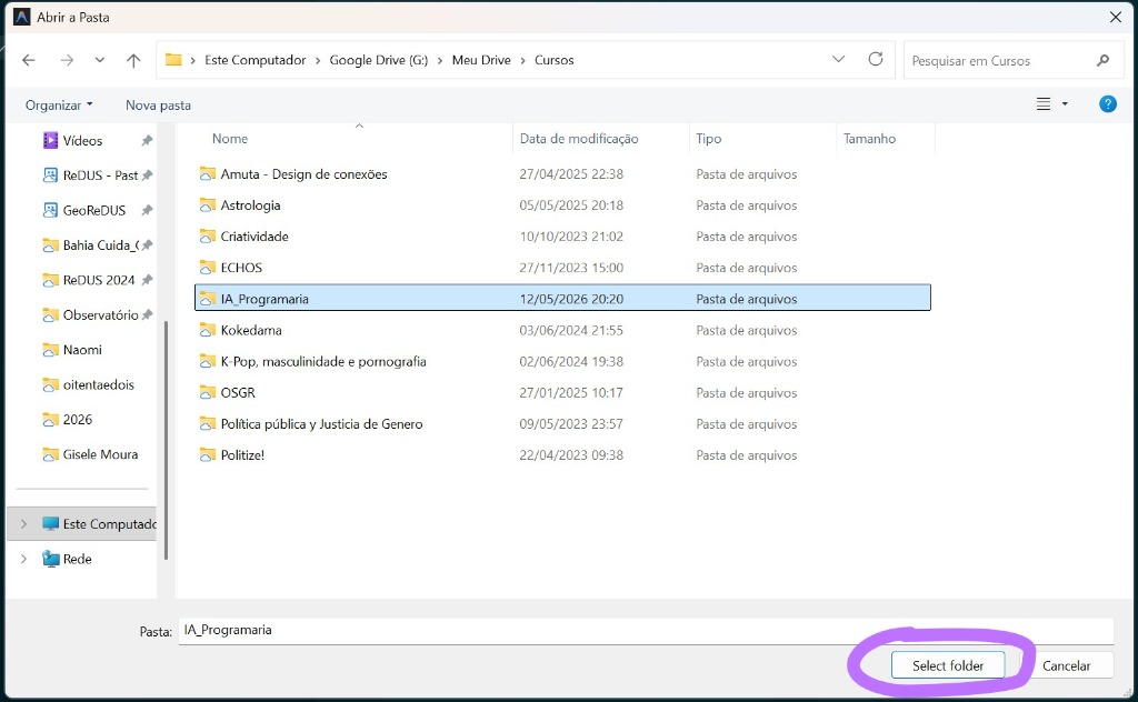 Janela 'Abrir a Pasta' do Windows com o botão 'Nova pasta' e o botão 'Select folder' em destaque
