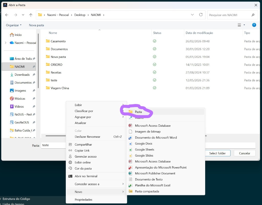 Menu de contexto do Windows mostrando Novo → Pasta com a opção Pasta destacada